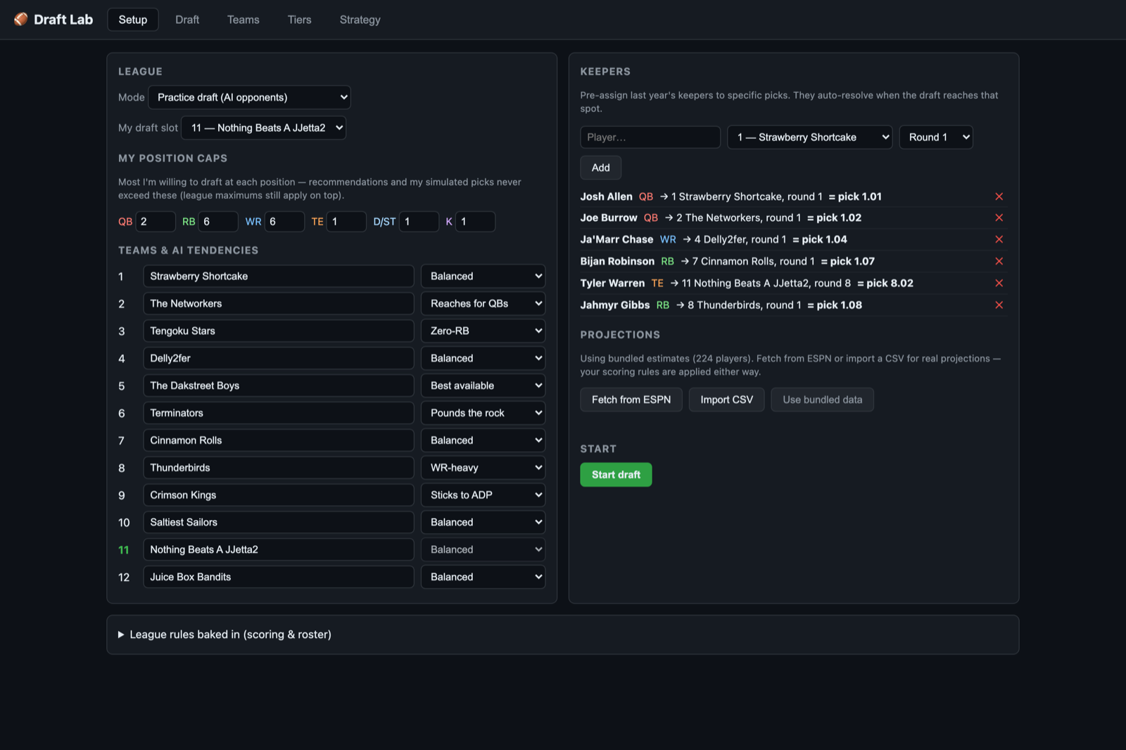 Setup screen: league mode, position caps, per-team AI tendencies and keeper assignments with computed pick numbers